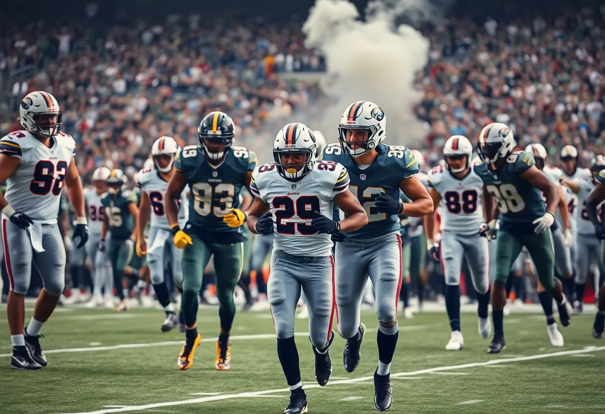 Football players preparing for a game on the field.