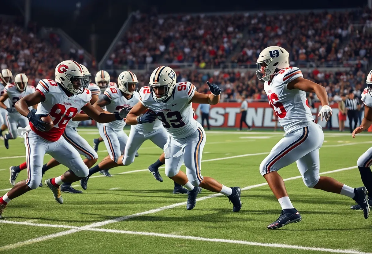 Los Angeles Chargers defense making a critical stop during a football game.