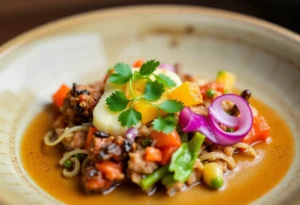 A plate of modern Southern cuisine by a Dallas chef, featuring colorful dishes.