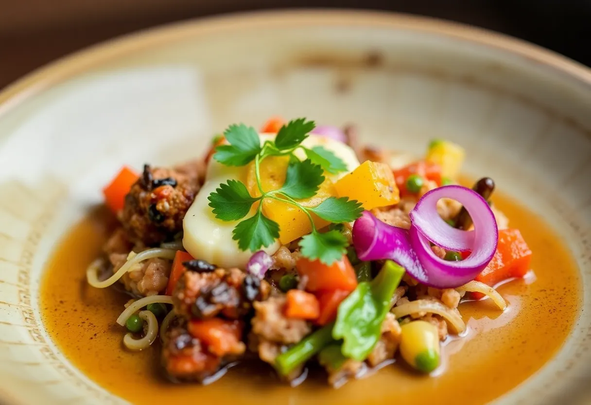A plate of modern Southern cuisine by a Dallas chef, featuring colorful dishes.