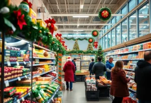 Grocery store filled with Christmas decorations and shoppers