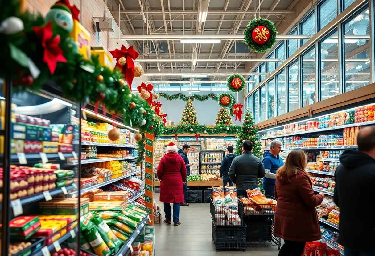 Grocery store filled with Christmas decorations and shoppers