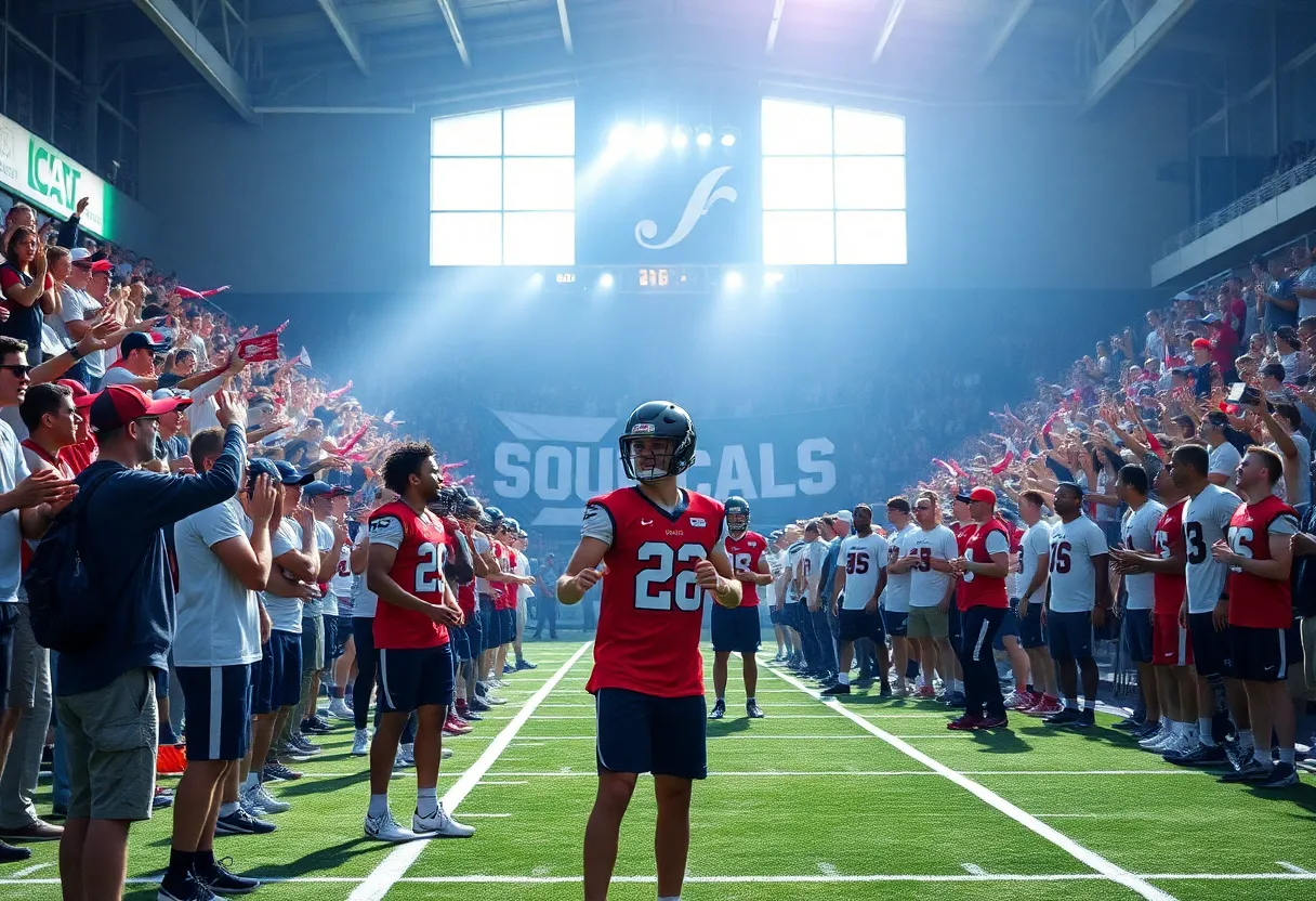Athletes training and interacting with fans in a college sports setting.