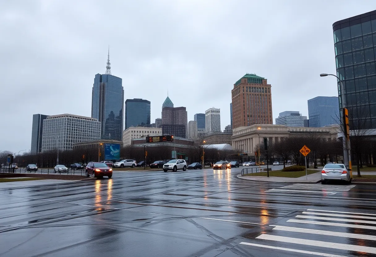 Overcast skies over Dallas with rain-soaked streets during a cold front.