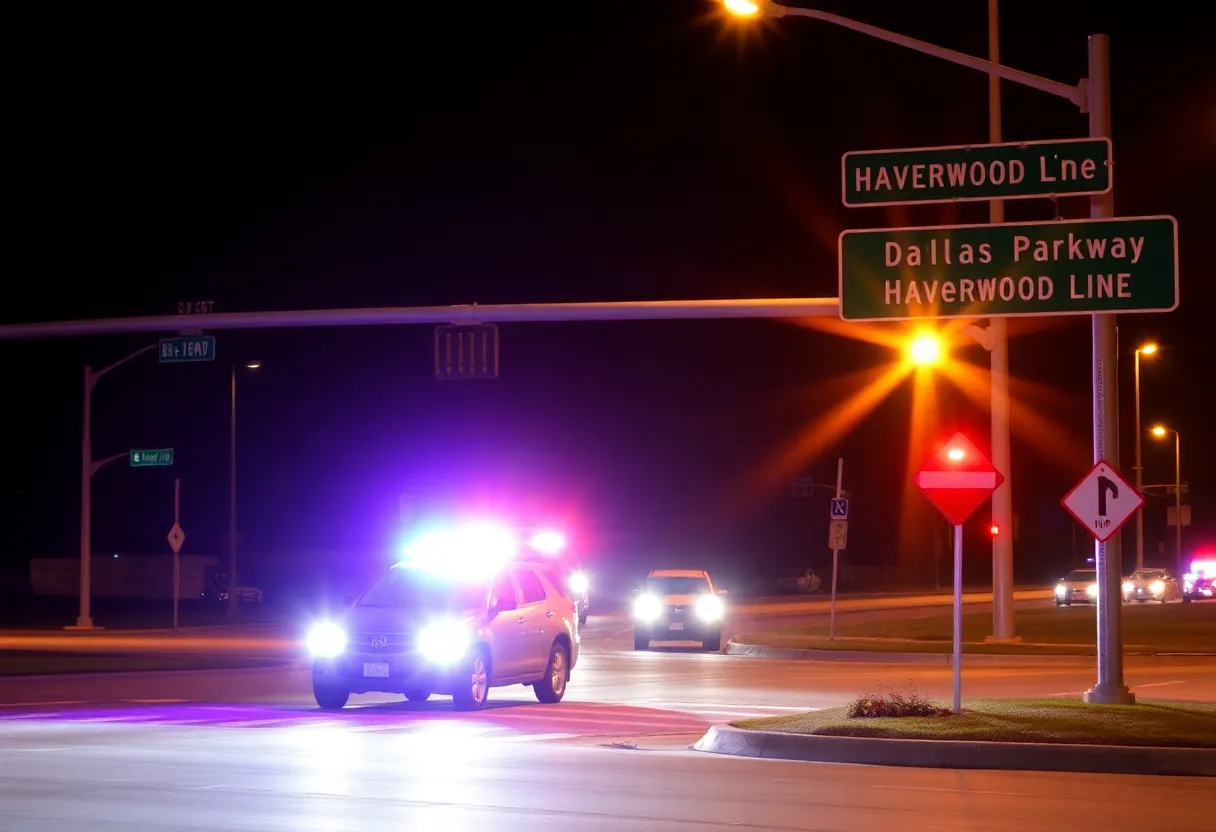 Scene of a night-time collision at Dallas Parkway and Haverwood Lane with emergency services present.