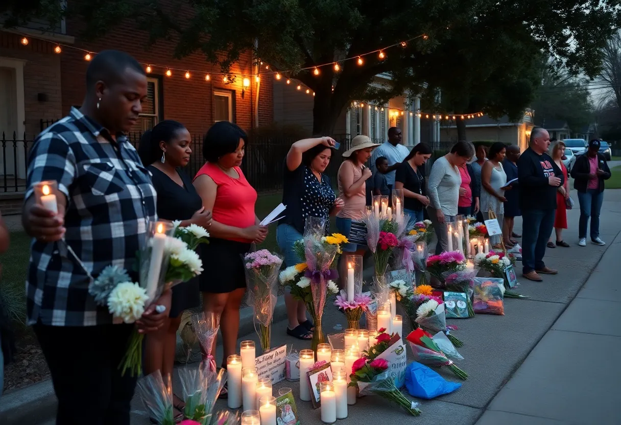 Community members gather for a vigil in Old East Dallas after a shooting incident, holding candles and flowers.