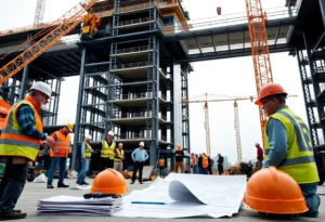 A diverse construction team collaborating on-site.