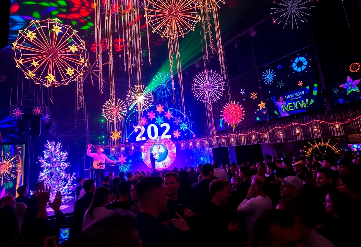 Celebration scene at the Cosmic Cabaret event with colorful lights and audience engagement