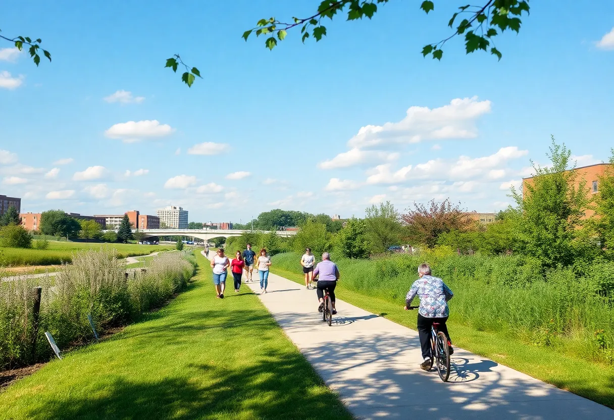 Pedestrians and cyclists enjoying the Cotton Belt Trail