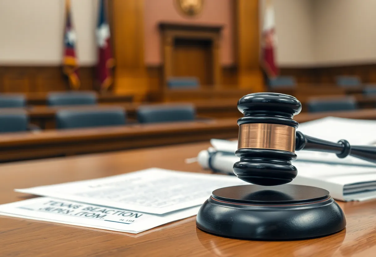 Courtroom setting with legal documents and a gavel