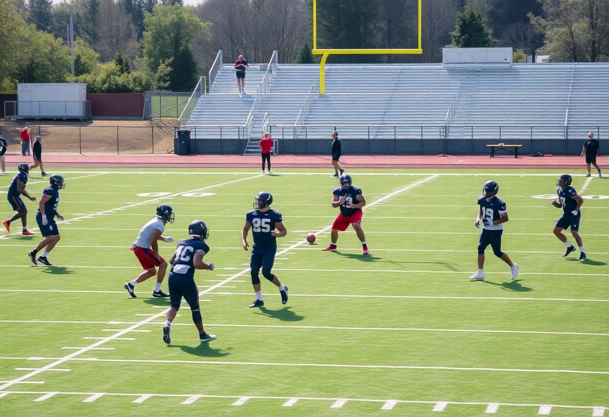 Dallas Cowboys players practicing on the field