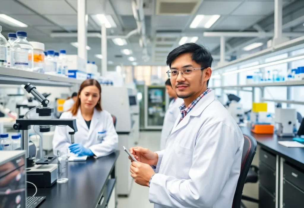 Researchers in a modern biotech lab at Curve Biosciences
