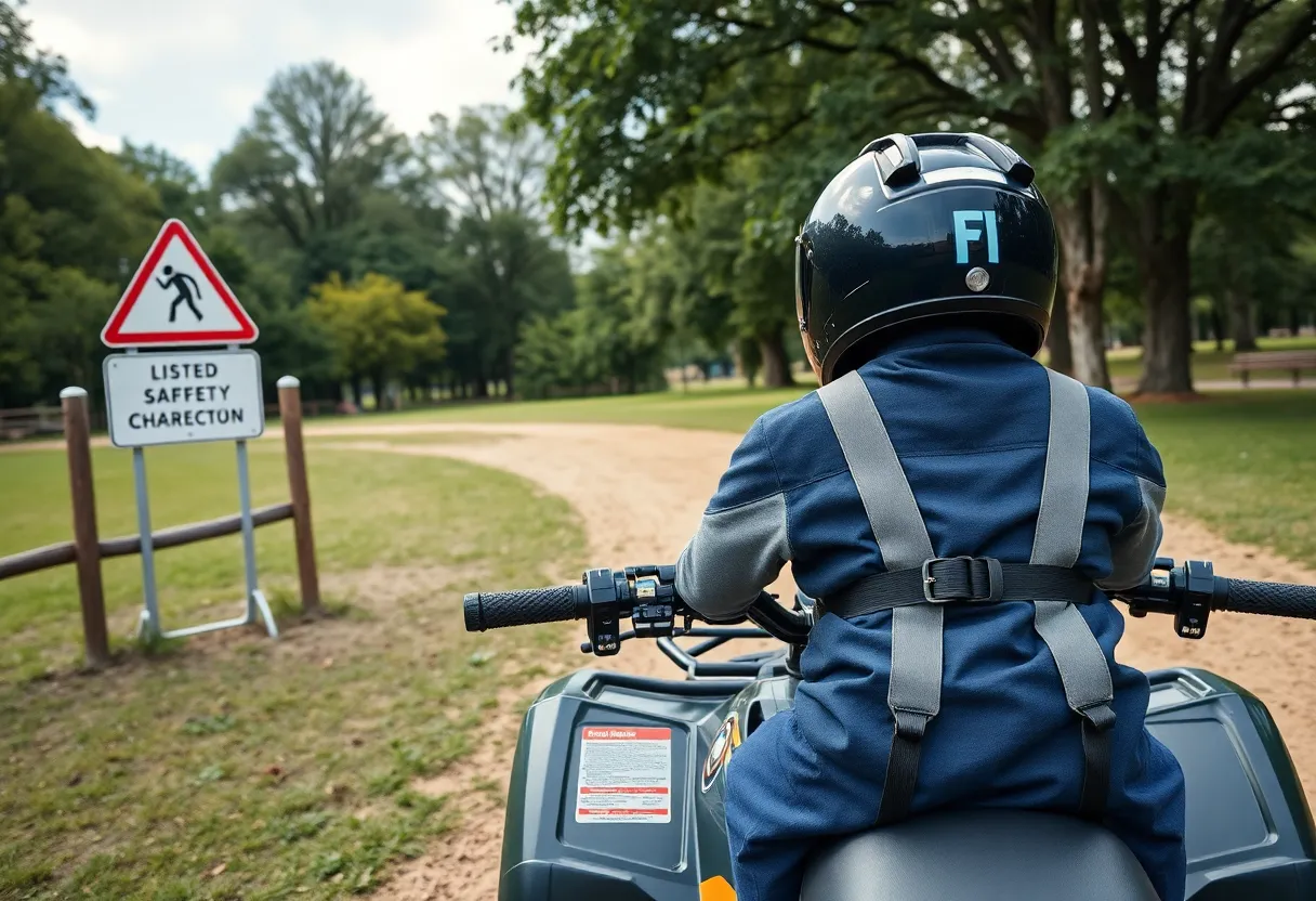 Scene depicting safety signs near an ATV in a park