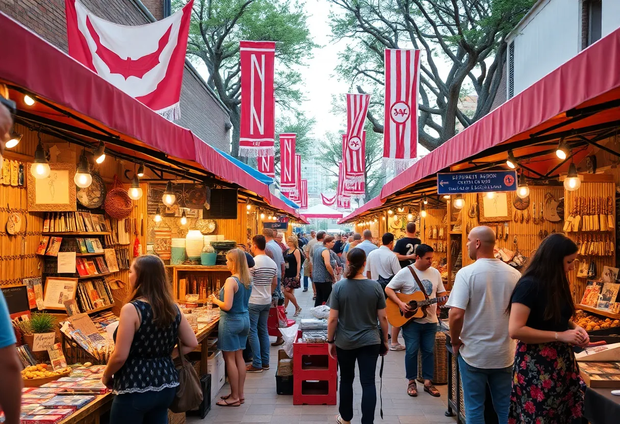 Local vendors at a market in Dallas showcasing crafts and food