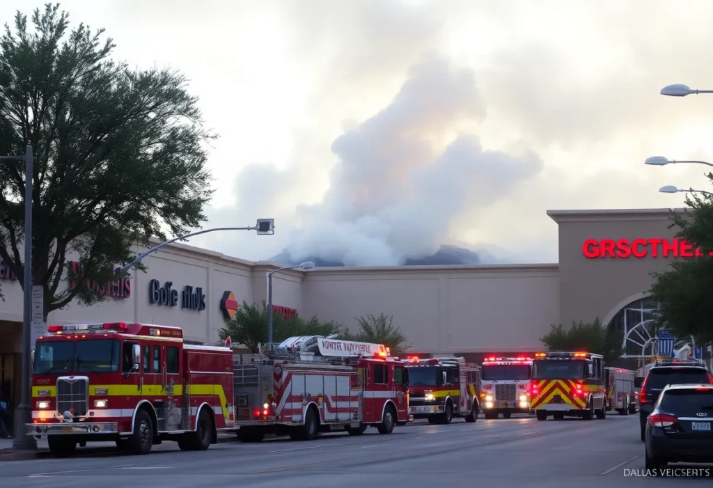 Firefighters responding to a fire in a Dallas shopping center