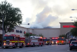 Firefighters responding to a fire in a Dallas shopping center