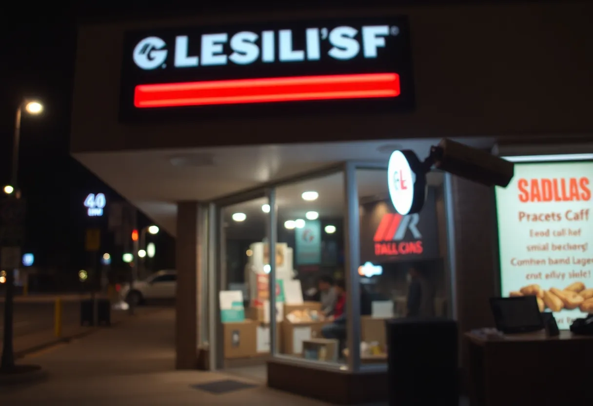 A small business storefront in Dallas at night, highlighting security concerns.