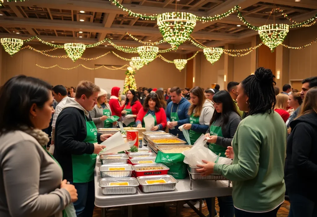 Families and volunteers at the Dallas Christmas charity celebration