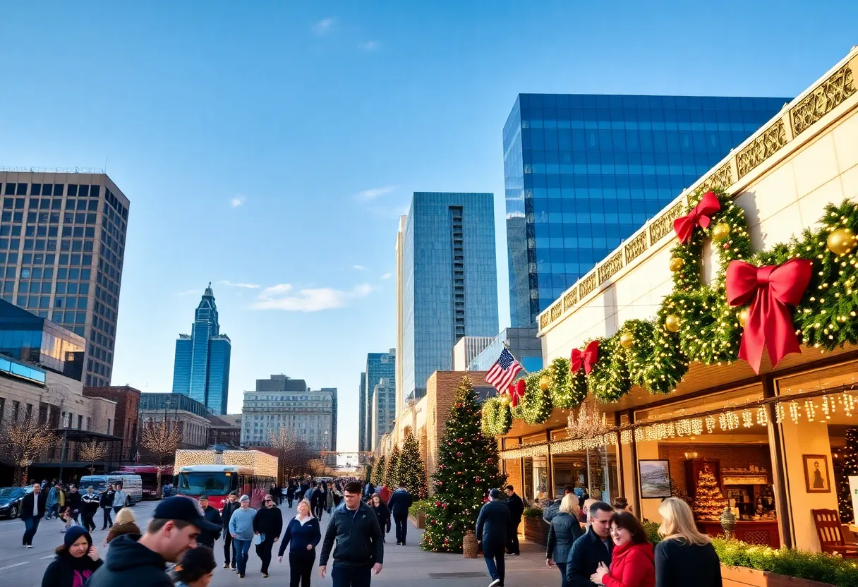 Dallas cityscape with Christmas decorations under blue skies