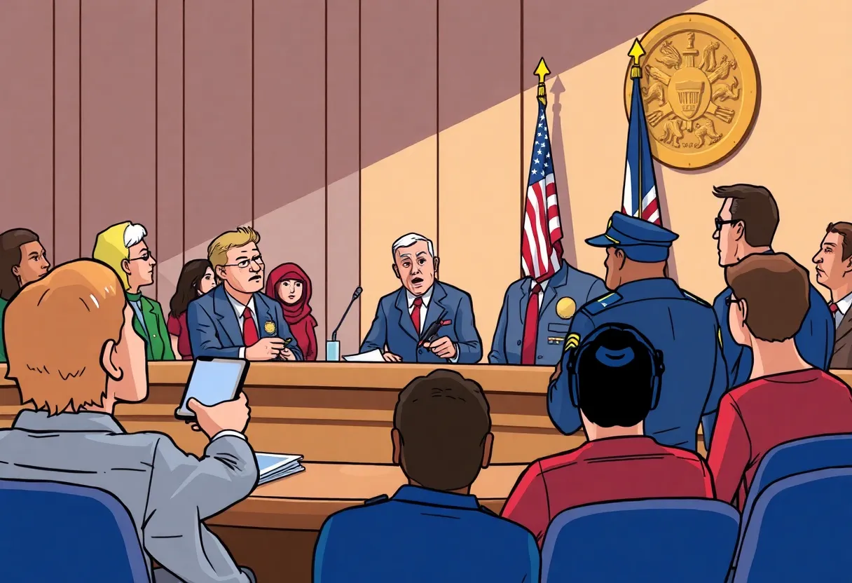 Illustration of a city council meeting with discussions on immigration policy.