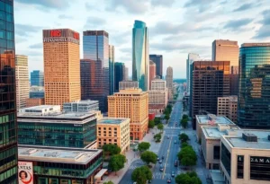 A panoramic view of Dallas featuring its modern skyline and financial buildings.