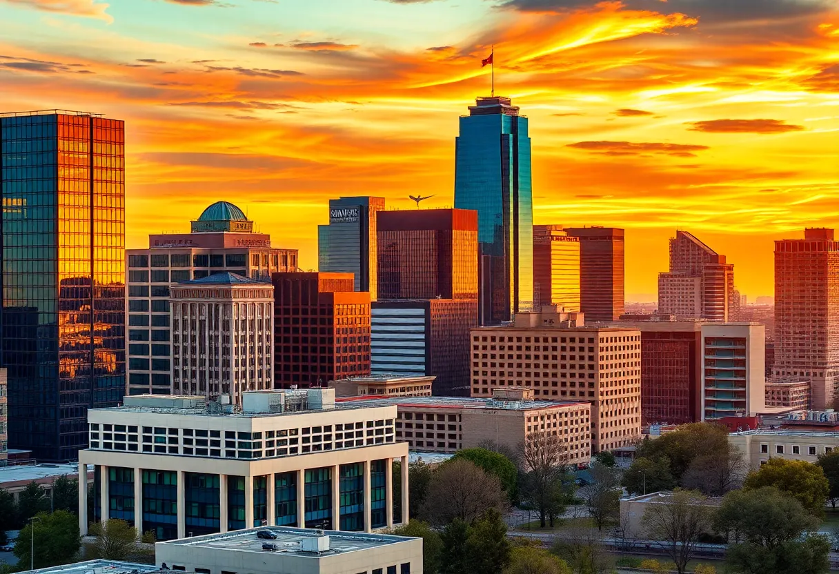 Dallas city skyline representing fiscal stability and community support.