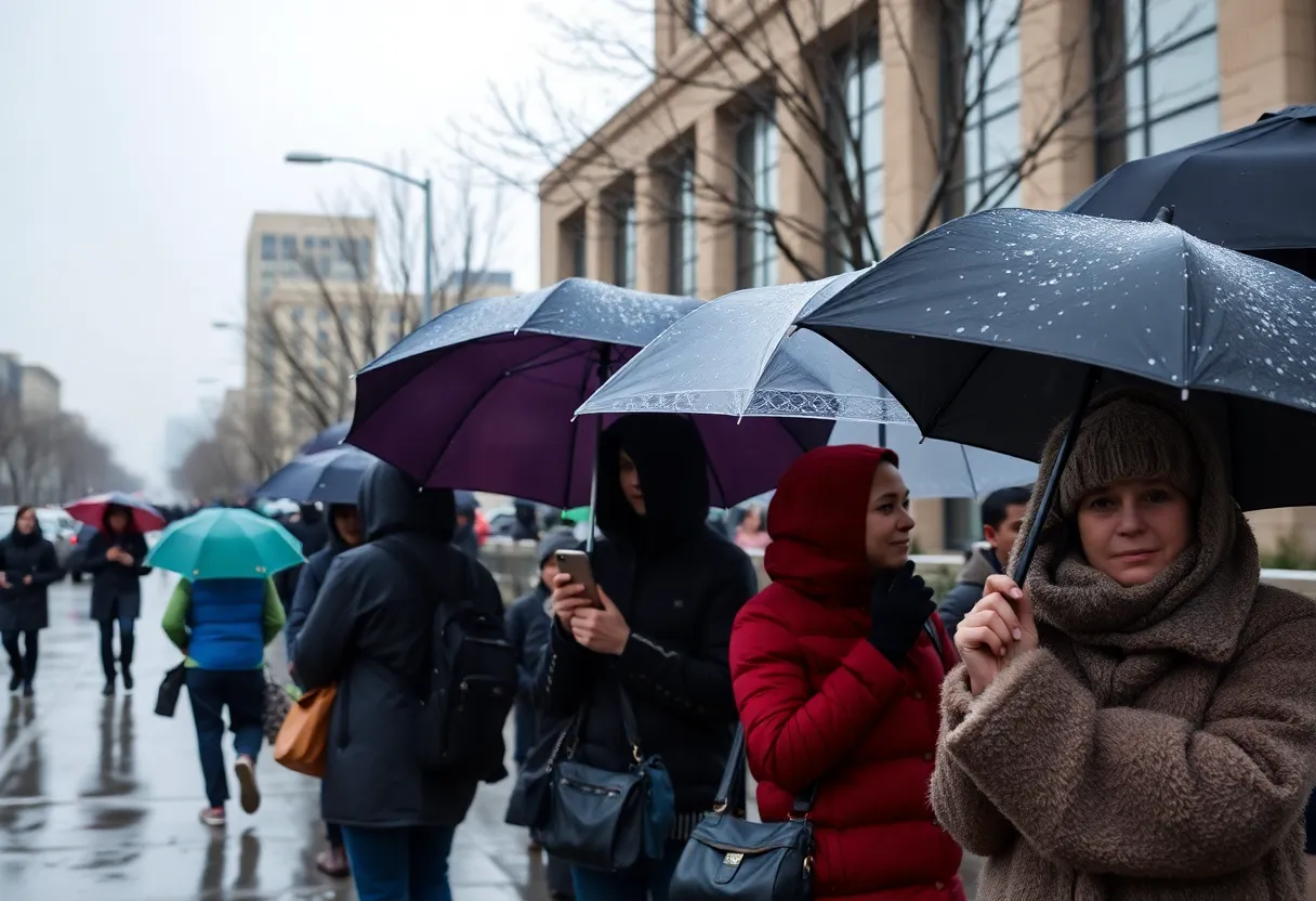Cold front hits Dallas, people walking under umbrellas in cloudy weather.