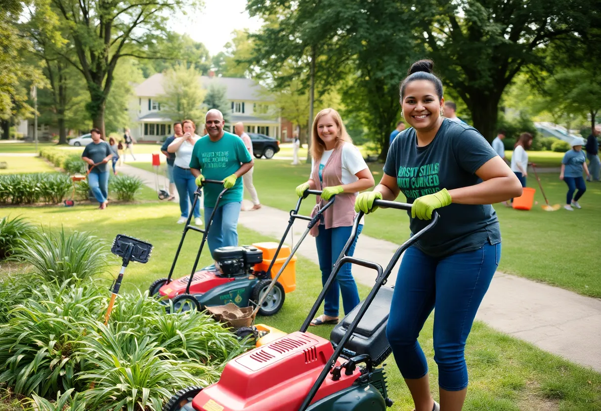 Volunteers participating in a community clean-up using lawn equipment.