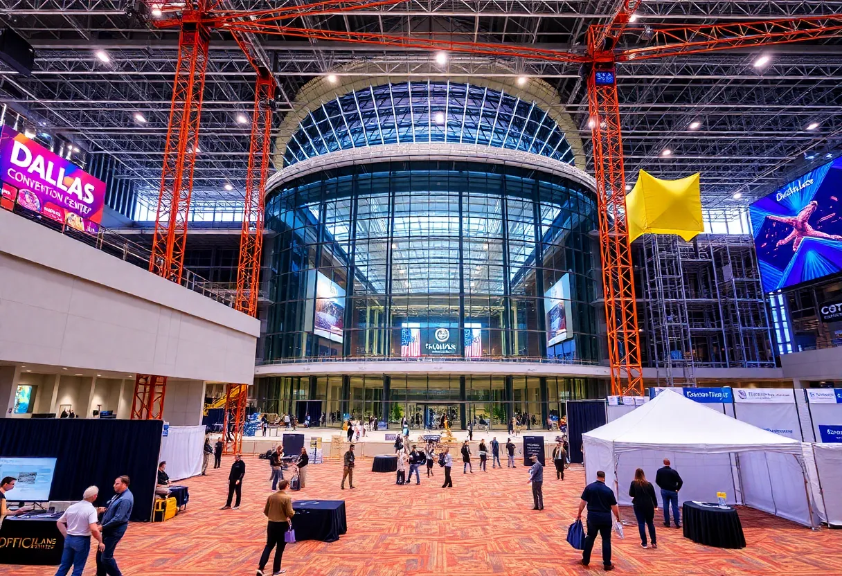 Dallas Convention Center under construction with event organizers coordinating.