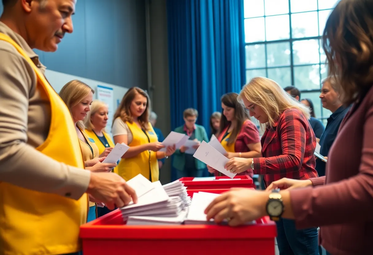 Volunteers counting ballots by hand at a Dallas County polling station