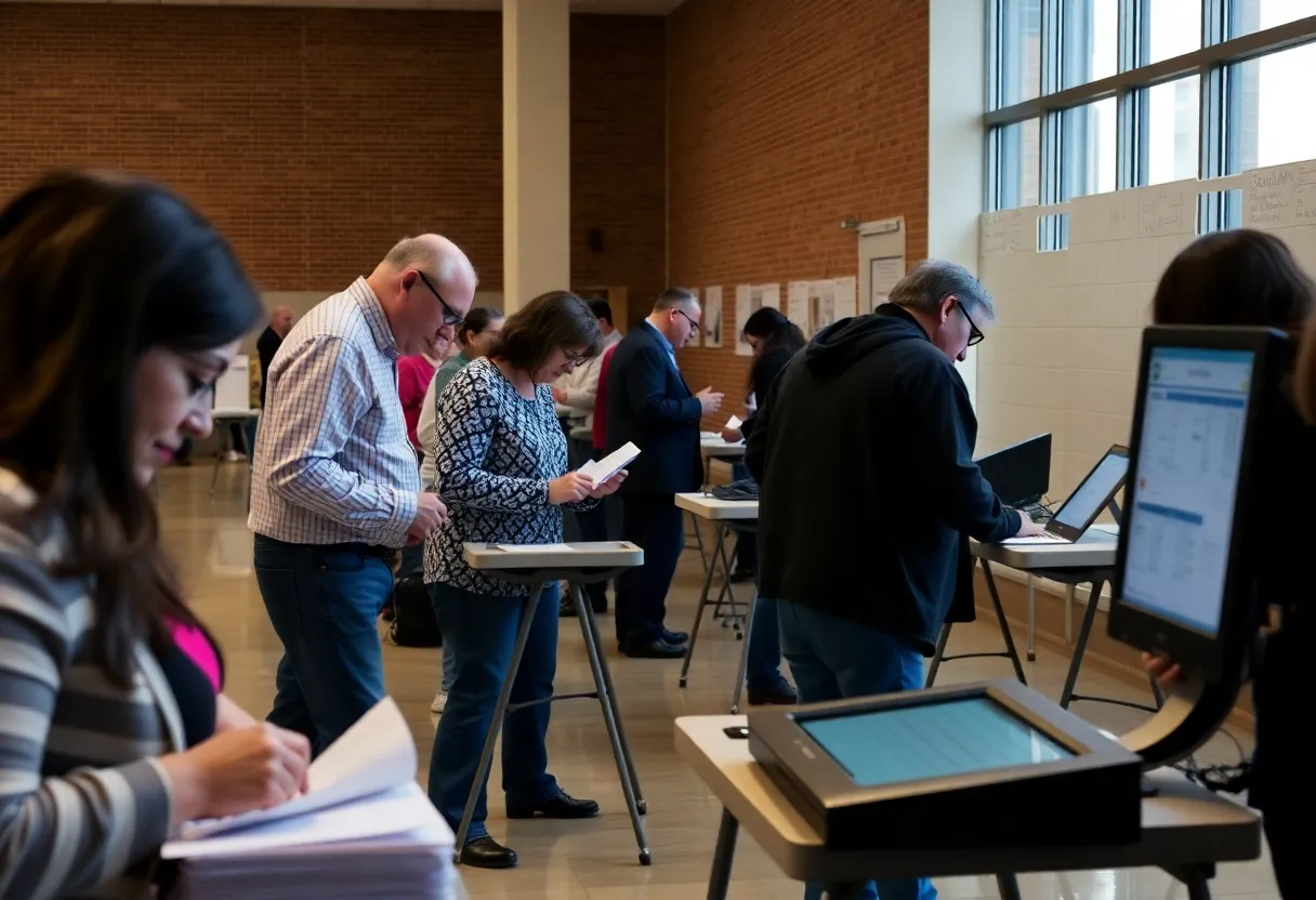 Voters in Dallas County marking paper ballots with electronic scanning equipment in the background