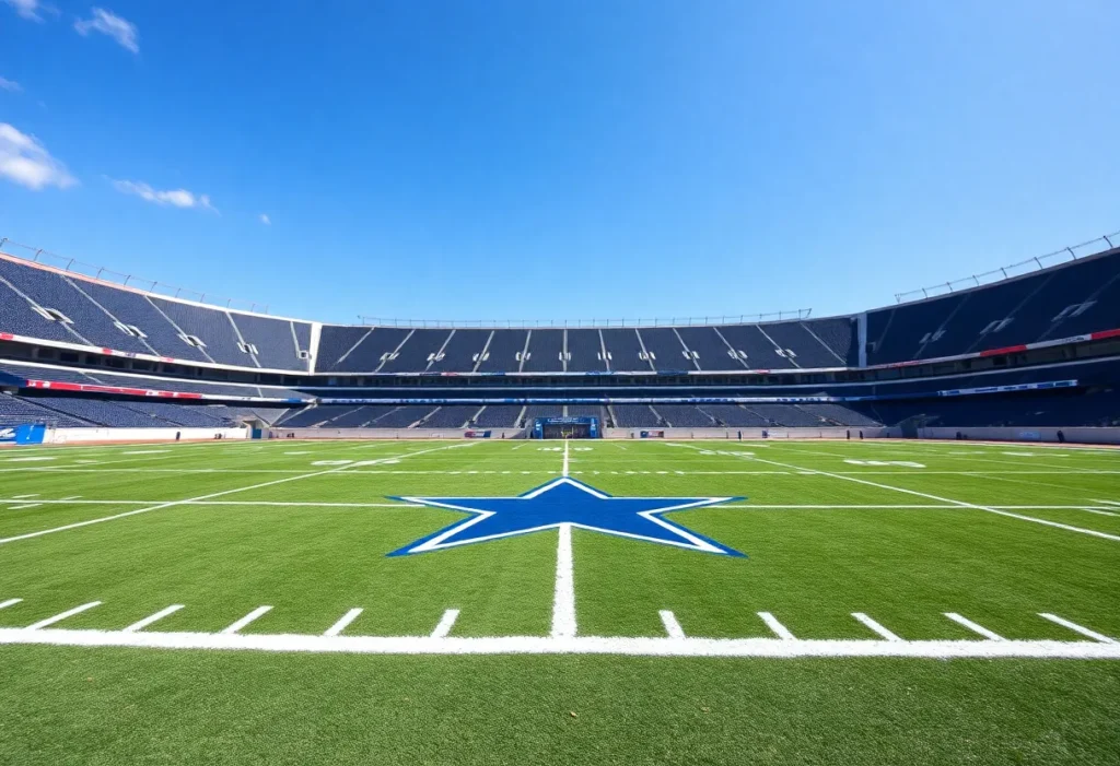 Dallas Cowboys logo on a football field with empty stands