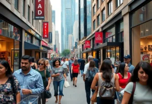 People shopping in a busy Dallas street, symbolizing economic growth.