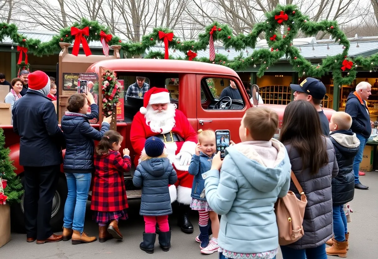 Families taking photos with Santa at Dallas Farmers Market