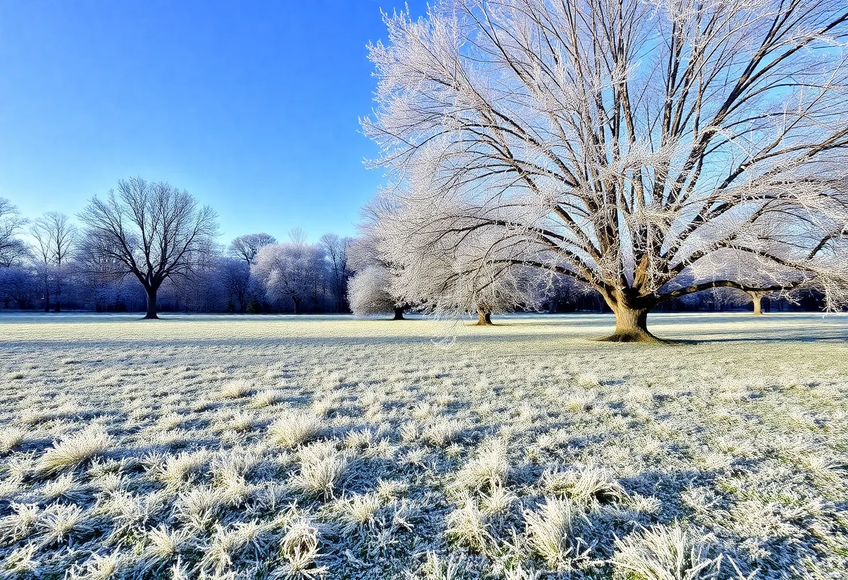Winter landscape in Dallas with frost-covered grass and trees