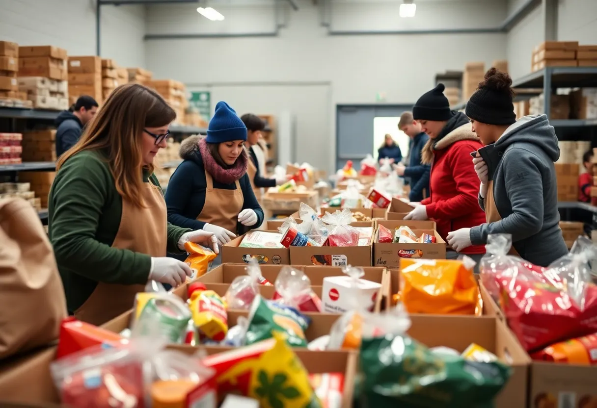 Volunteers organizing food at a Dallas food bank