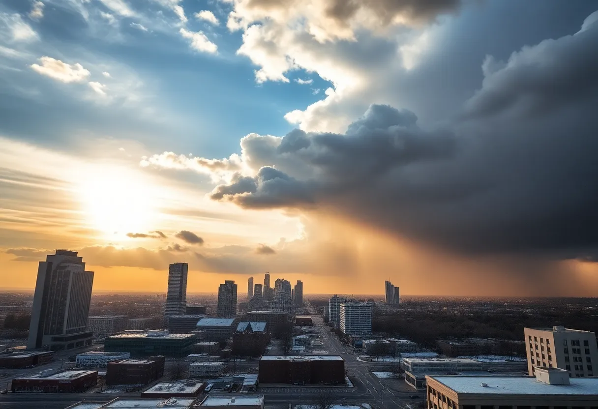 Cold front approaching Dallas-Fort Worth with snow in the air