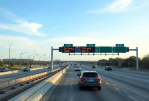 A toll road in Dallas-Fort Worth with electronic toll signs