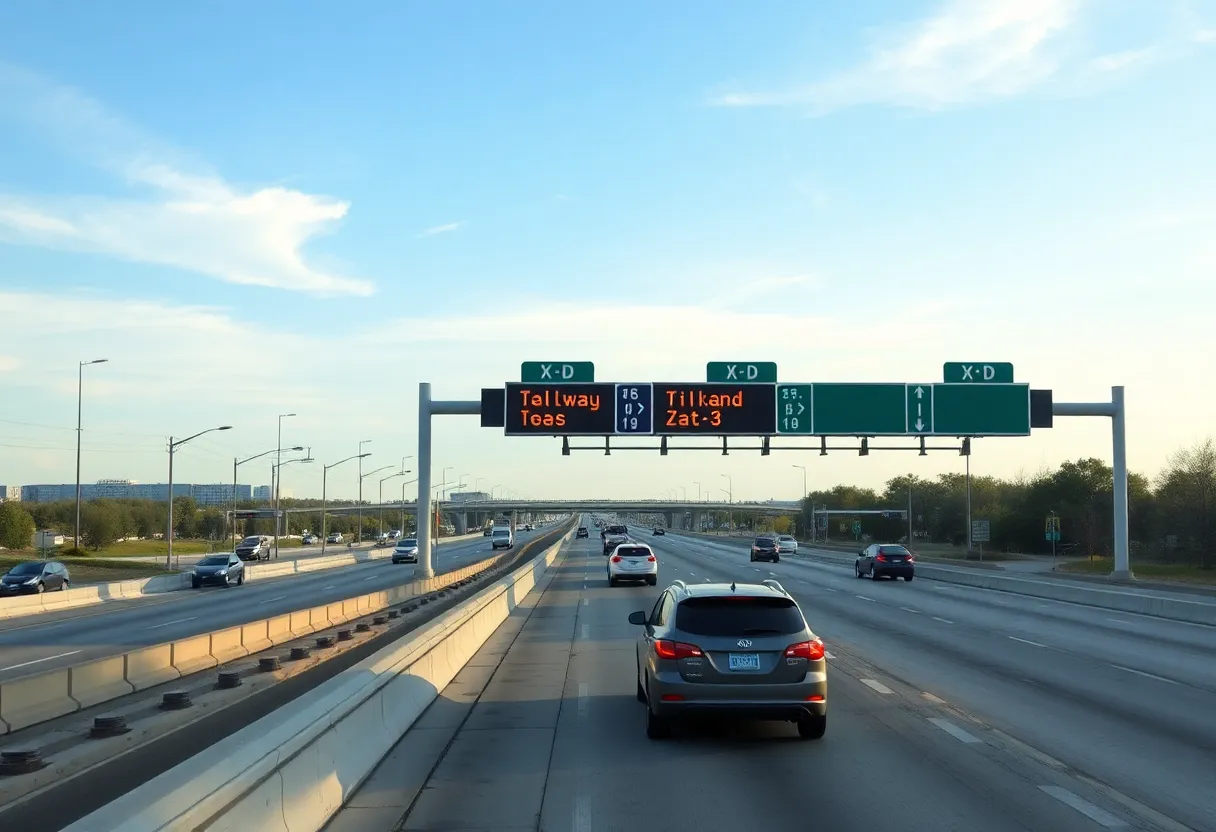 A toll road in Dallas-Fort Worth with electronic toll signs