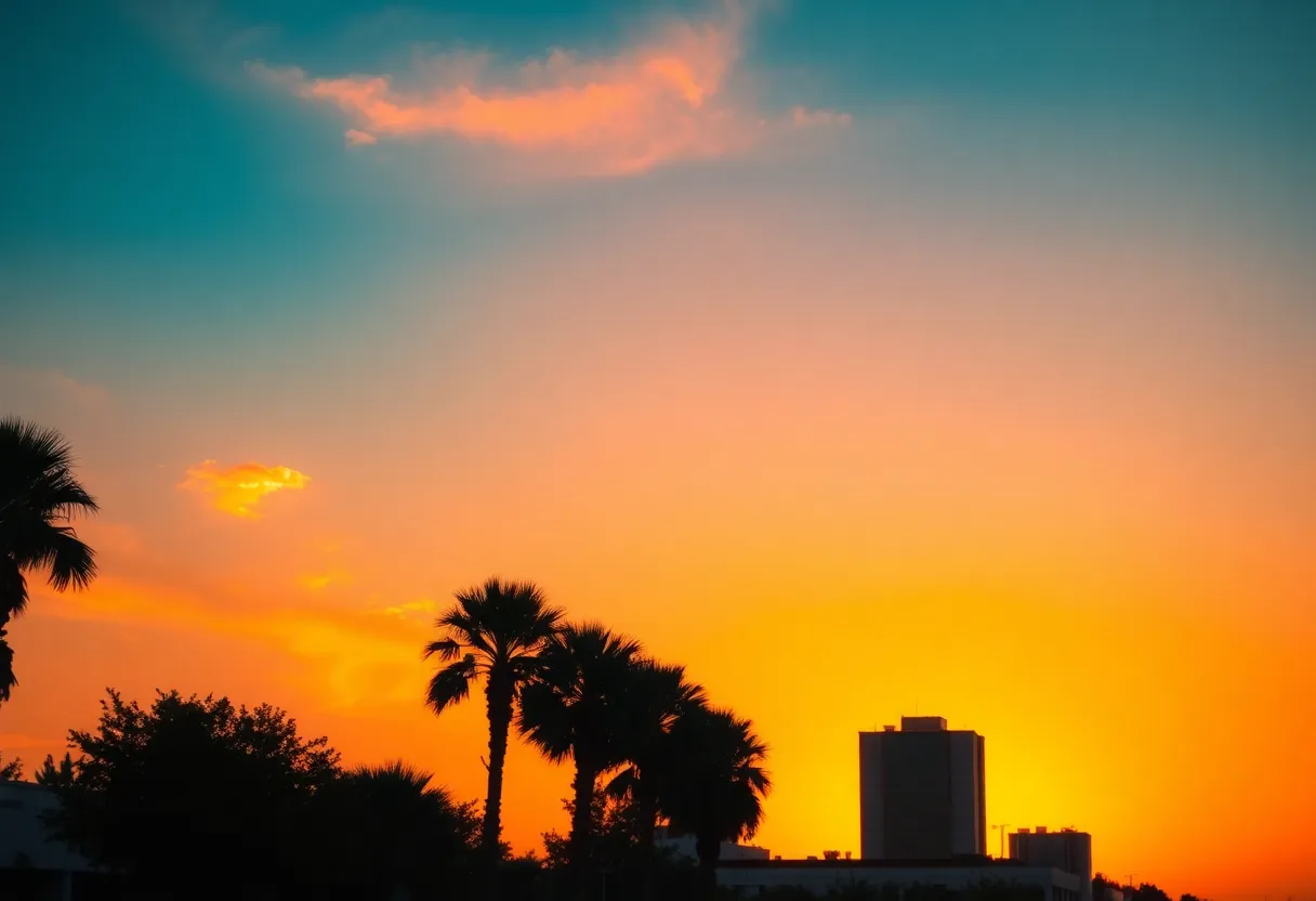 Sunset over Dallas-Fort Worth with clear skies and palm trees.