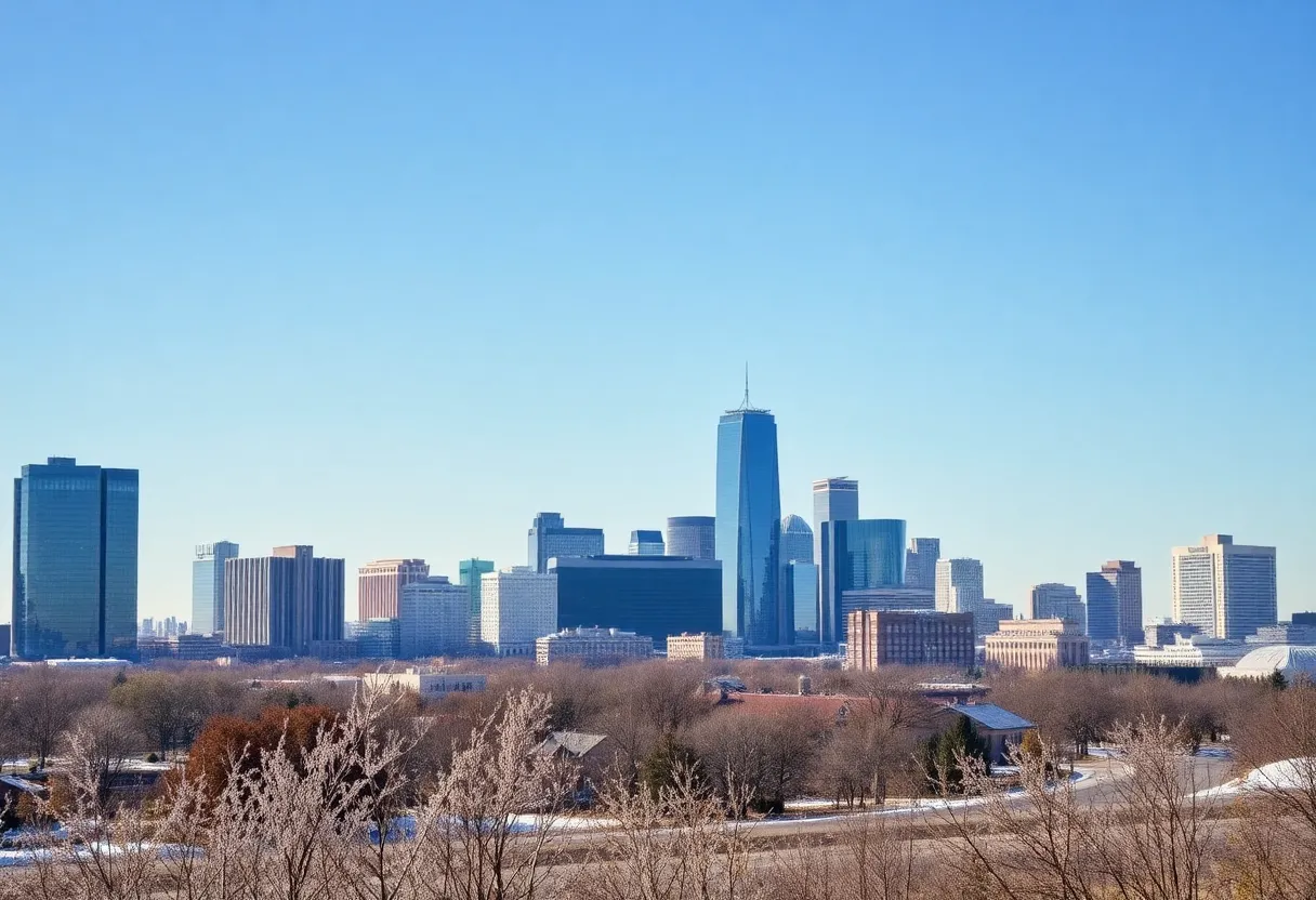 A winter view of the Dallas-Fort Worth skyline with clear skies