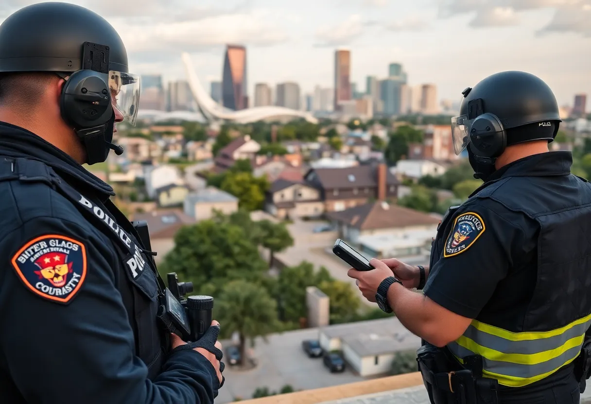 An urban landscape of Dallas highlighting safety measures and community engagement.