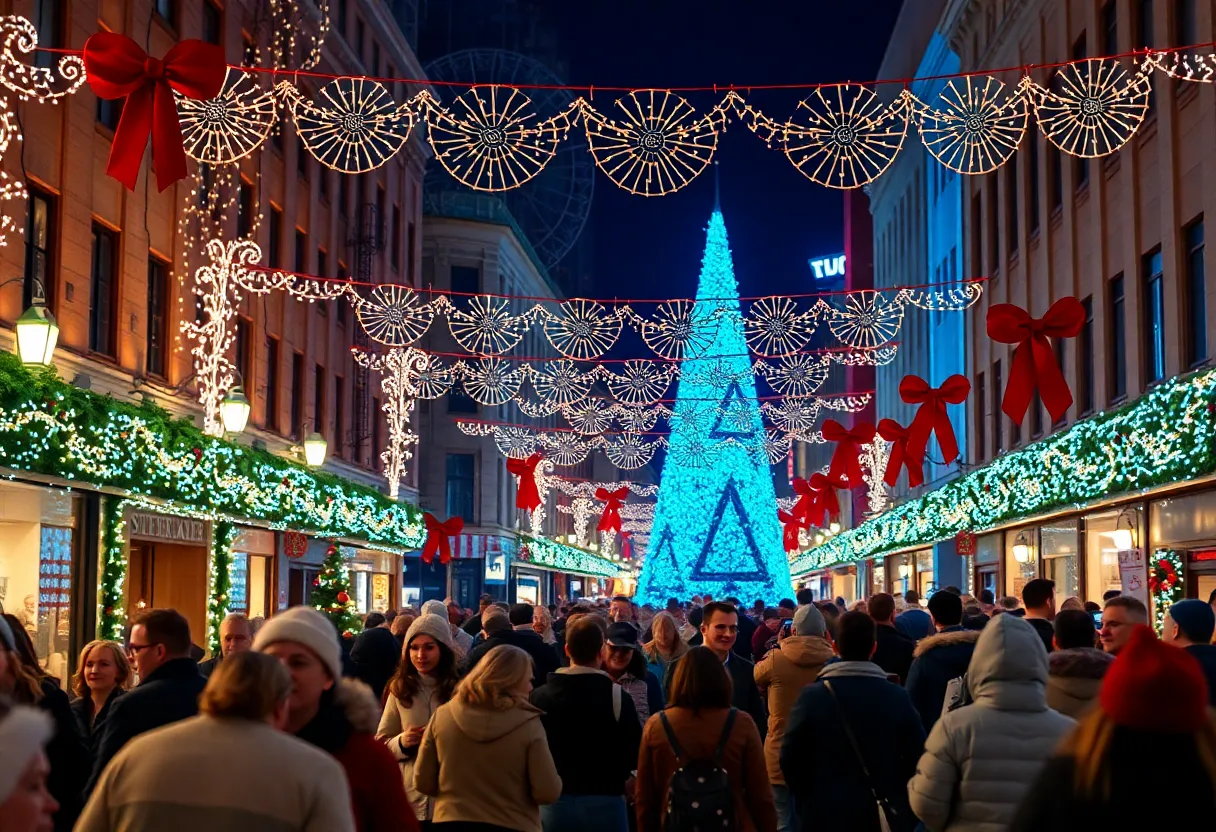 Celebration scene in Dallas with festive decorations and people enjoying holiday festivities
