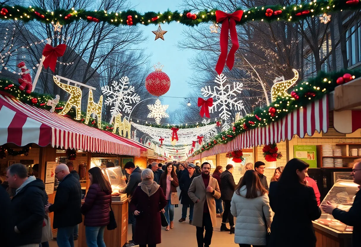 Festive holiday market in Dallas with decorations and food stalls