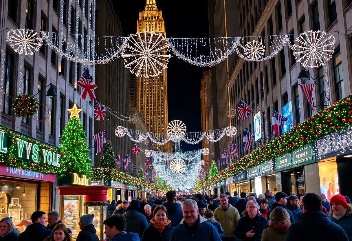 Festive scene in Dallas during the holiday season with lights and decorations.