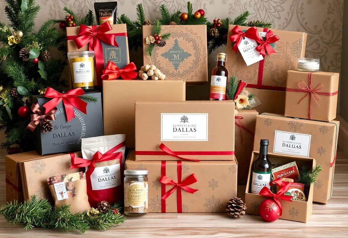 Holiday gift boxes showcasing local Dallas products.
