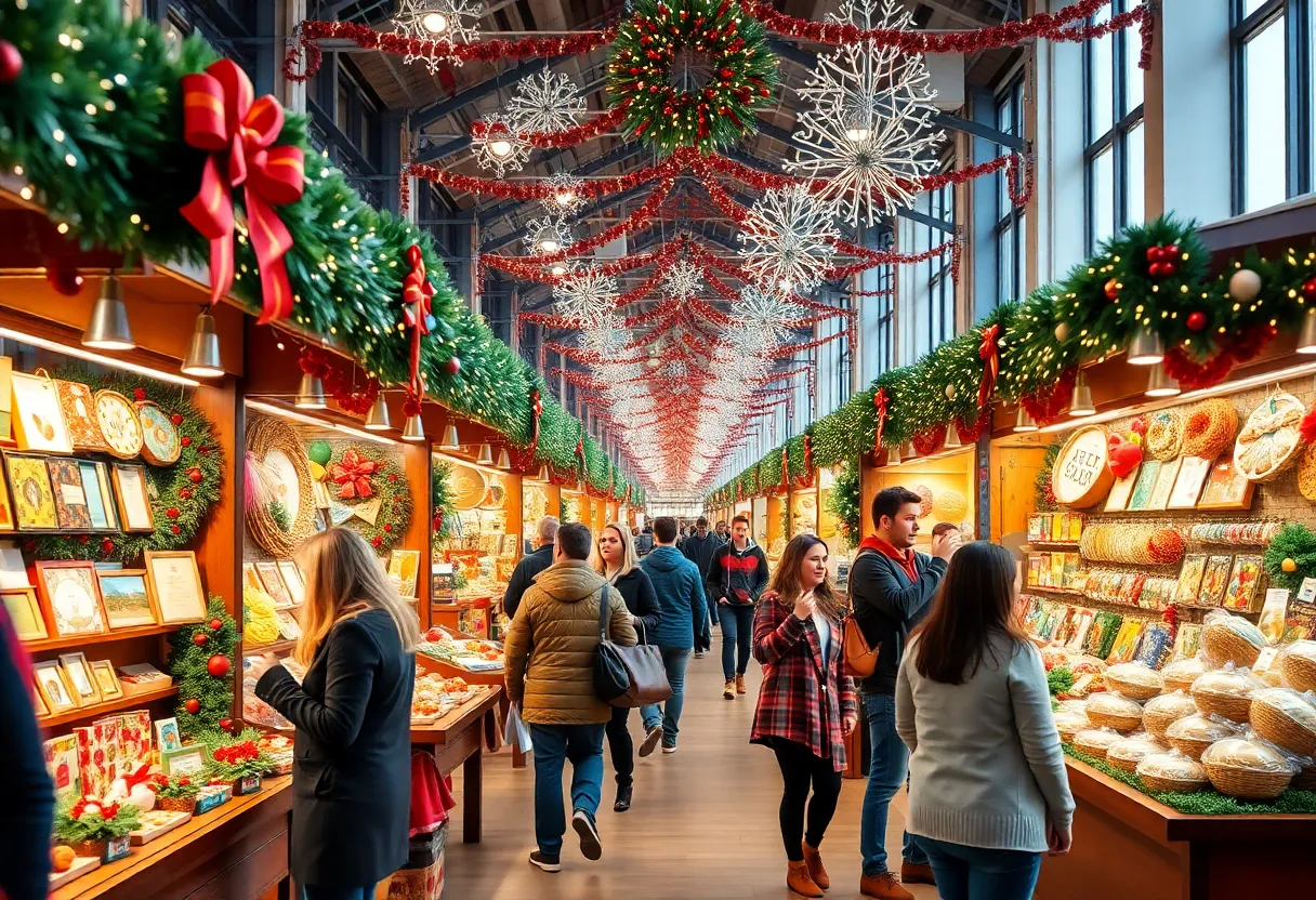 Festive holiday market in Dallas with stalls full of unique gifts and decorations