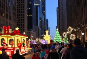 Dallas Holiday Parade with colorful floats and families enjoying the festivities