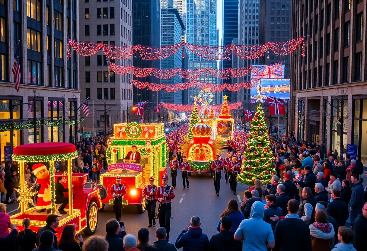 Festive scene at the Dallas Holiday Parade showcasing floats and crowds.