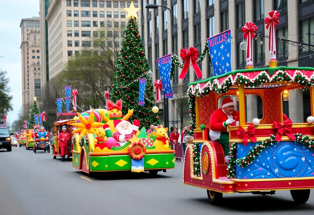 Crowd enjoying the Dallas Holiday Parade with festive floats.